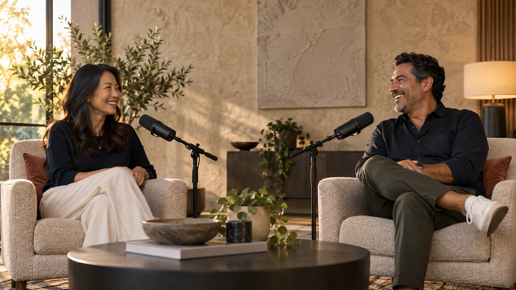 A host and guest in conversation in a warm studio lounge