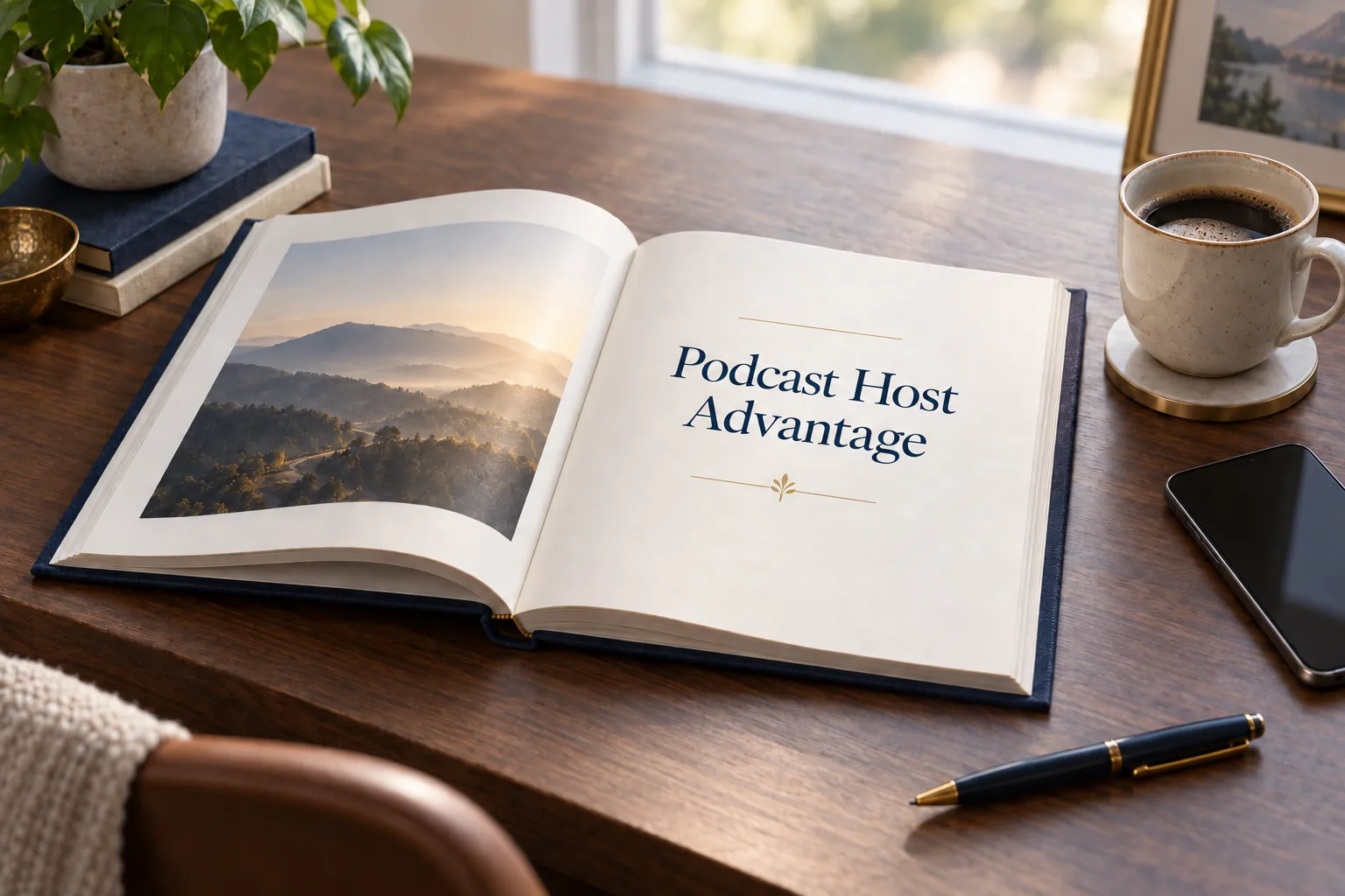 The Podcast Host Advantage workbook lying open on a desk beside a coffee and a phone